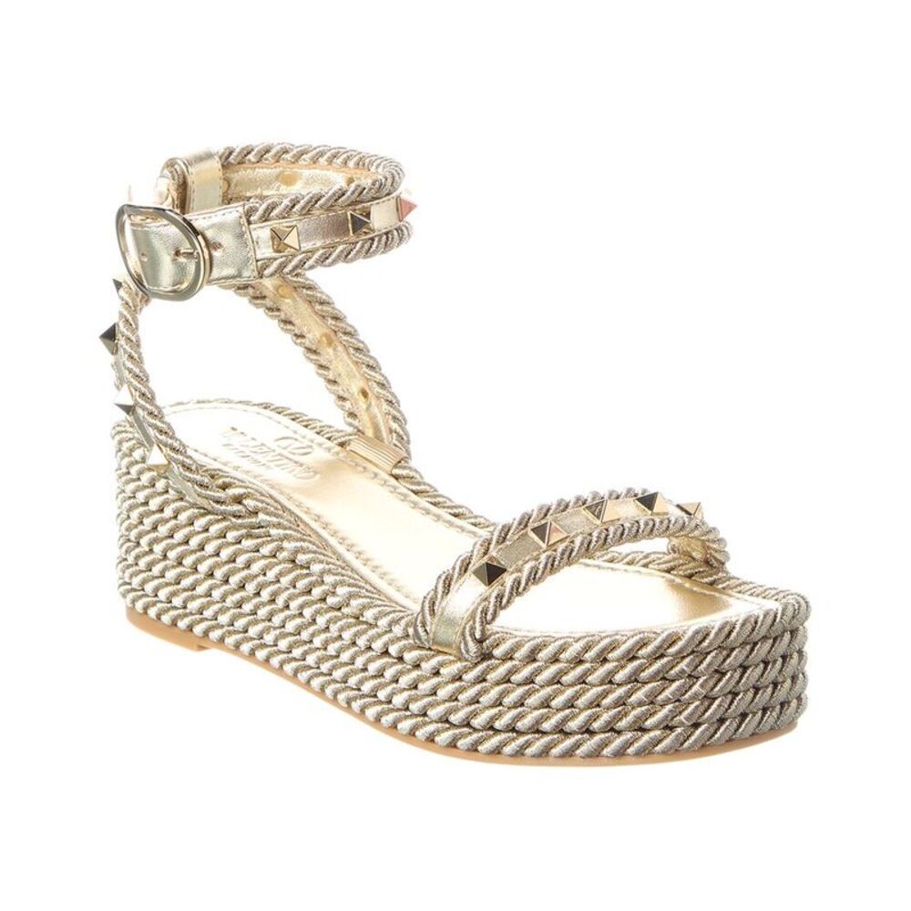 Valentino Rockstud Leather Wedge Sandal, Gold